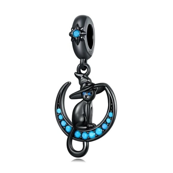 Black Plated Gold over Sterling Silver Black Cat on Turquoise Moon Dangl… - Picture 1 of 6